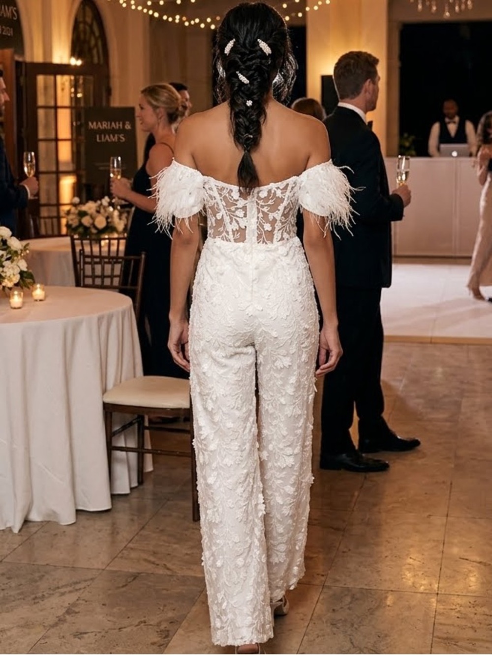 New Lulus White Feather-Trim Bridal Jumpsuit - Elegant Wedding Sz Small - Picture 8 of 12